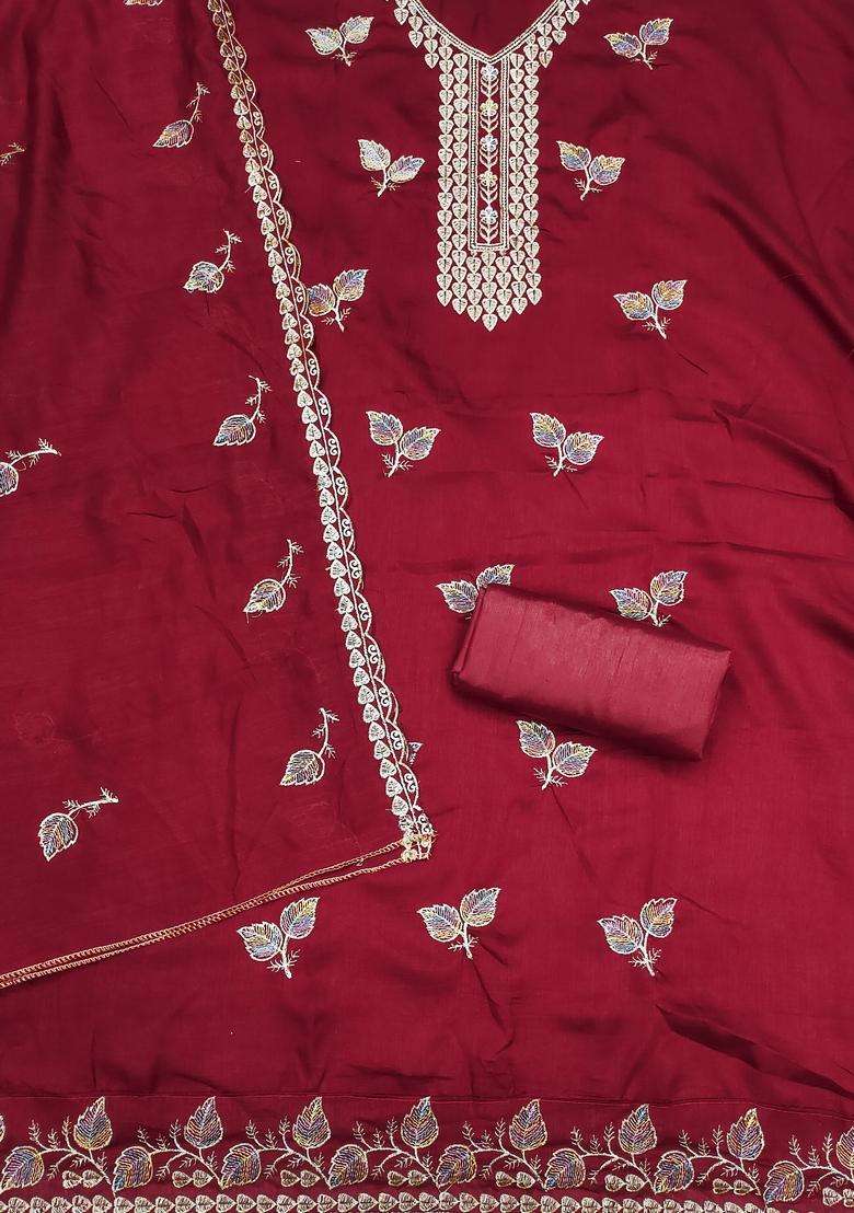 maroon Embroidery Cotton Salwar Kameez - Indya