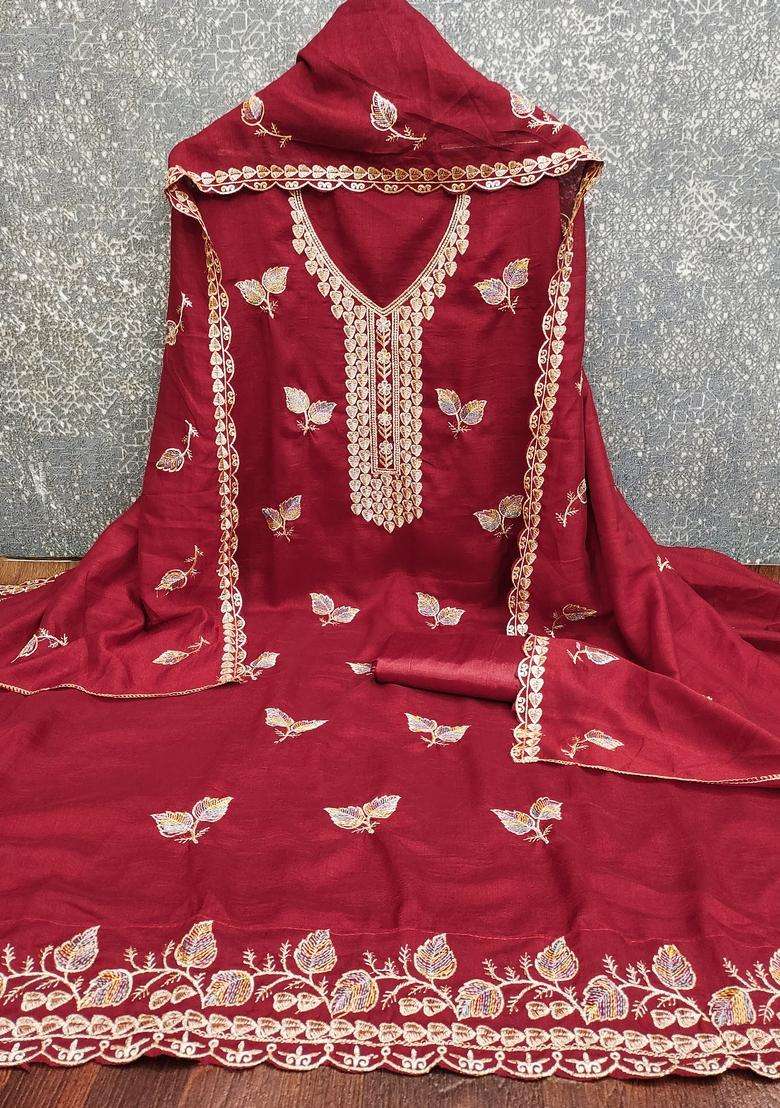 maroon Embroidery Cotton Salwar Kameez - Indya