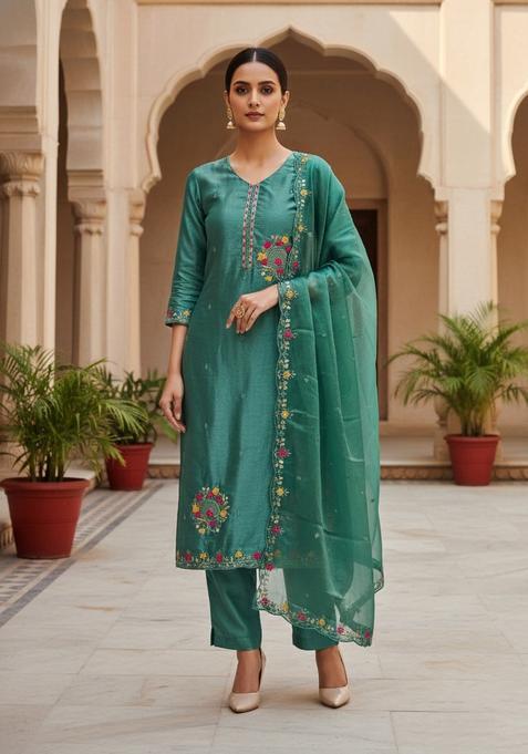 Sea Green Embroidery Silk Salwar Kameez
