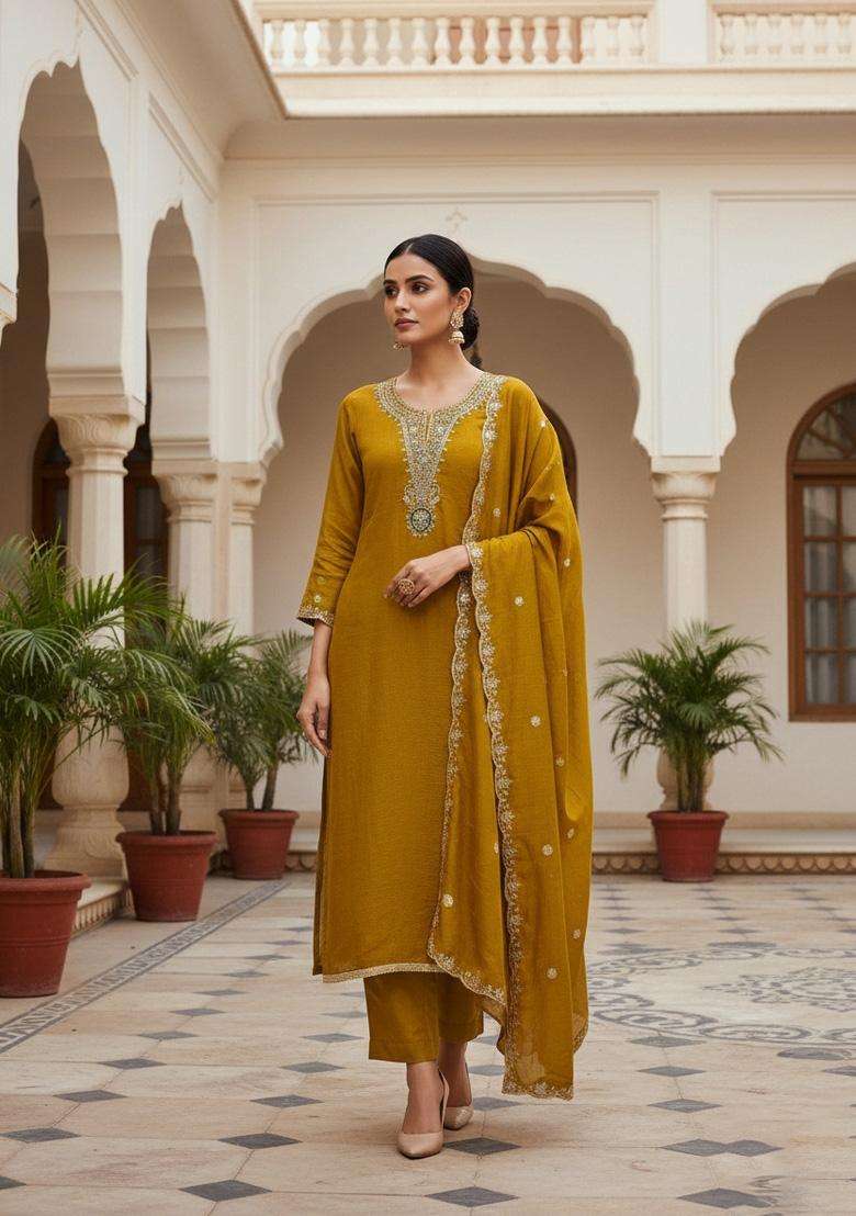 Mustard Embroidery Silk Salwar Kameez - Indya