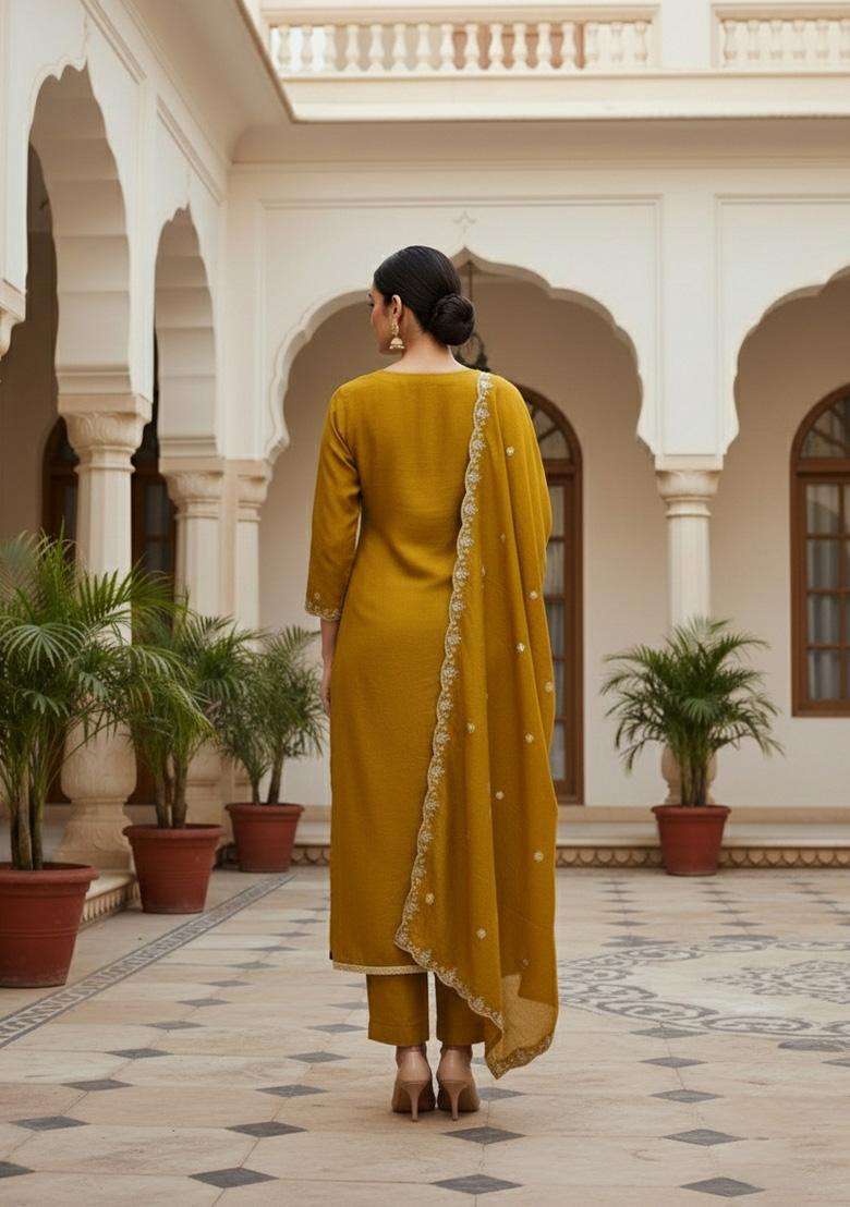 Mustard Embroidery Silk Salwar Kameez - Indya