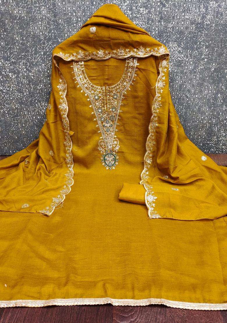 Mustard Embroidery Silk Salwar Kameez - Indya