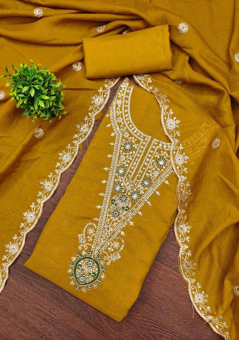Mustard Embroidery Silk Salwar Kameez - Indya