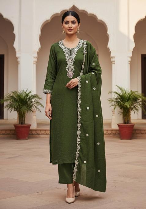 Olive Green Embroidery Silk Salwar Kameez