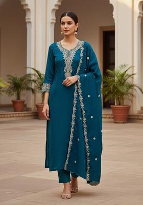 Teal Blue Embroidery Silk Salwar Kameez