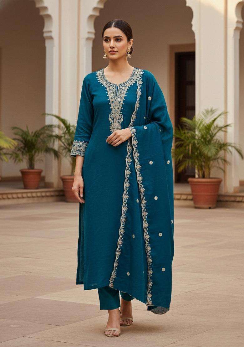 Teal Blue Embroidery Silk Salwar Kameez - Indya