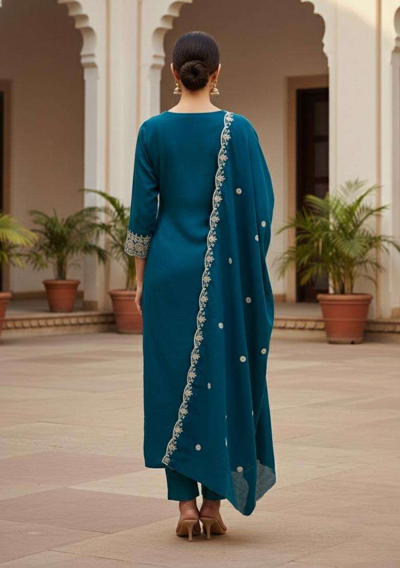Teal Blue Embroidery Silk Salwar Kameez - Indya