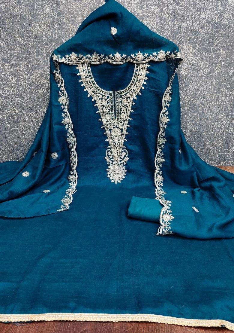 Teal Blue Embroidery Silk Salwar Kameez - Indya