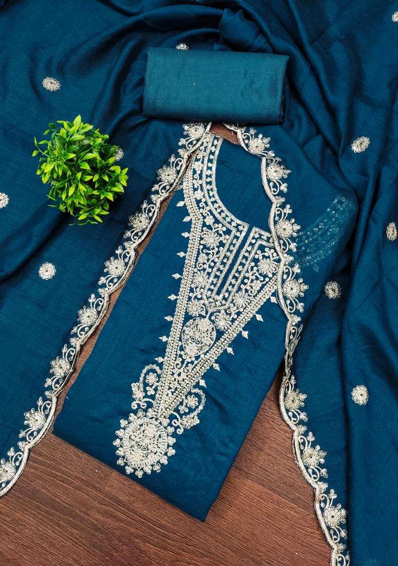 Teal Blue Embroidery Silk Salwar Kameez - Indya