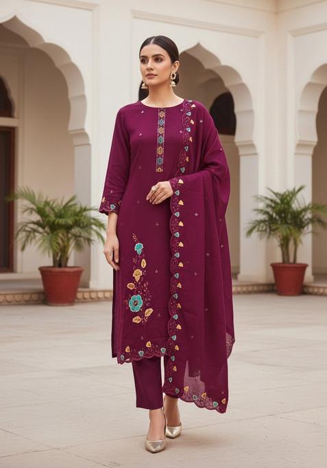 maroon Embroidery Silk Salwar Kameez
