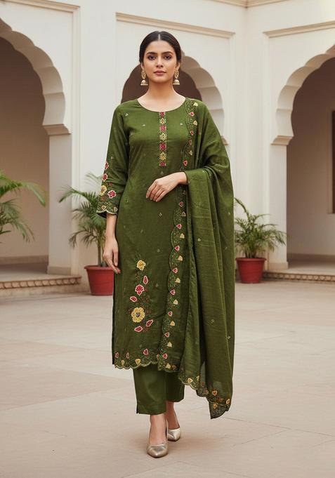 Olive Green Embroidery Silk Salwar Kameez
