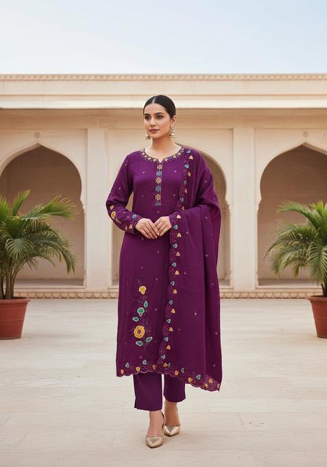 Purple Embroidery Silk Salwar Kameez