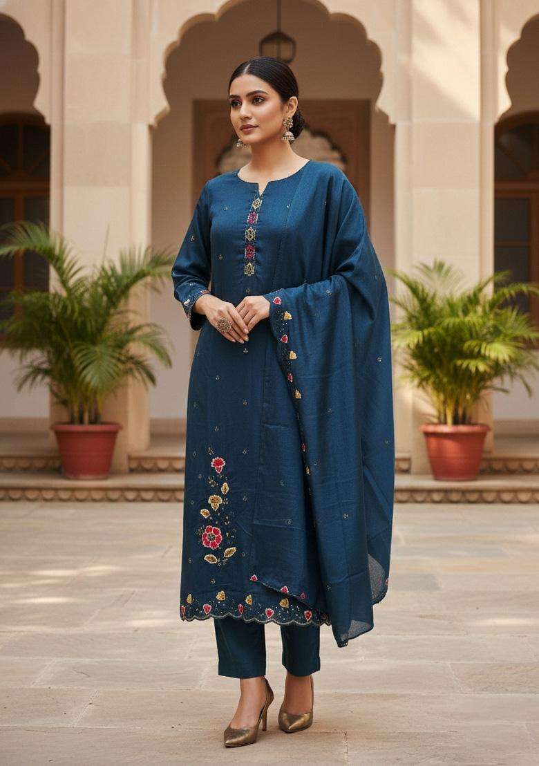 Teal Blue Embroidery Silk Salwar Kameez - Indya