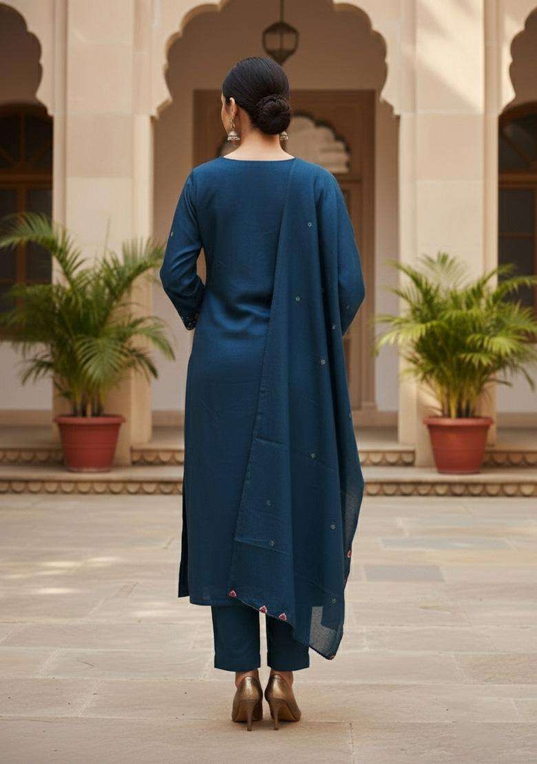 Teal Blue Embroidery Silk Salwar Kameez - Indya