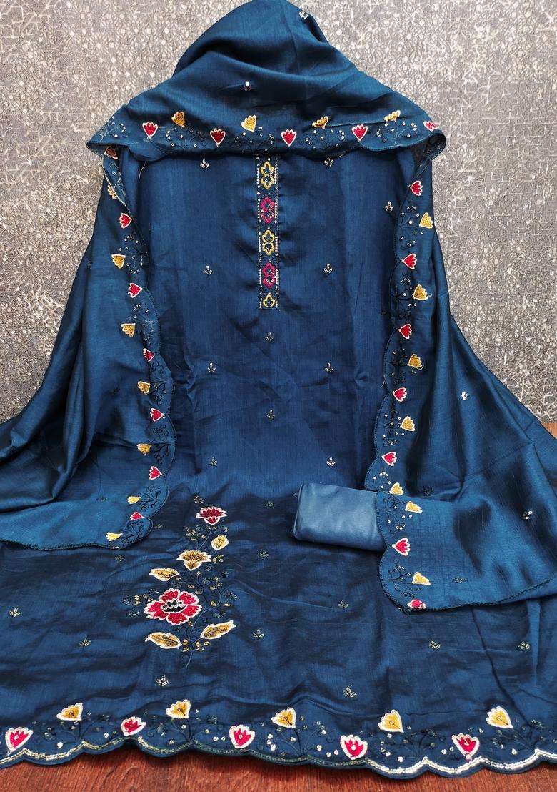 Teal Blue Embroidery Silk Salwar Kameez - Indya