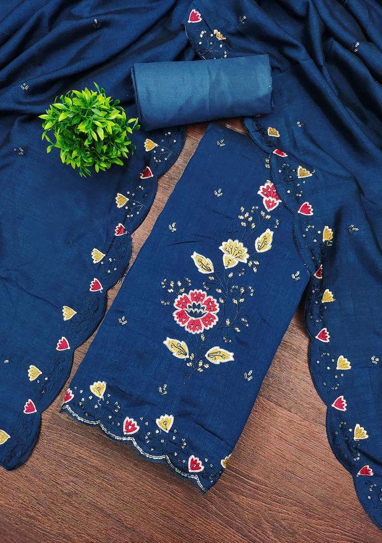 Teal Blue Embroidery Silk Salwar Kameez - Indya