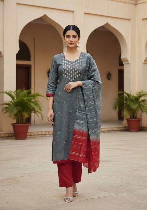 Grey Embroidery Silk Salwar Kameez