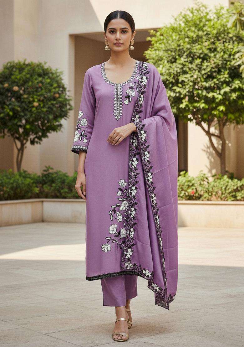 Lavender Embroidery Georgette Salwar Kameez - Indya