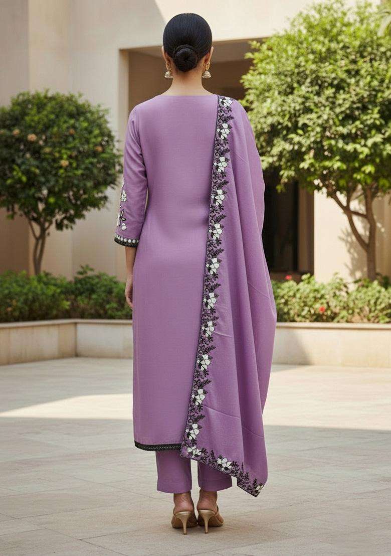 Lavender Embroidery Georgette Salwar Kameez - Indya