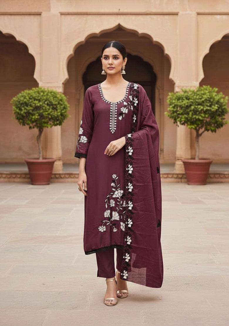 Purple Embroidery Georgette Salwar Kameez - Indya