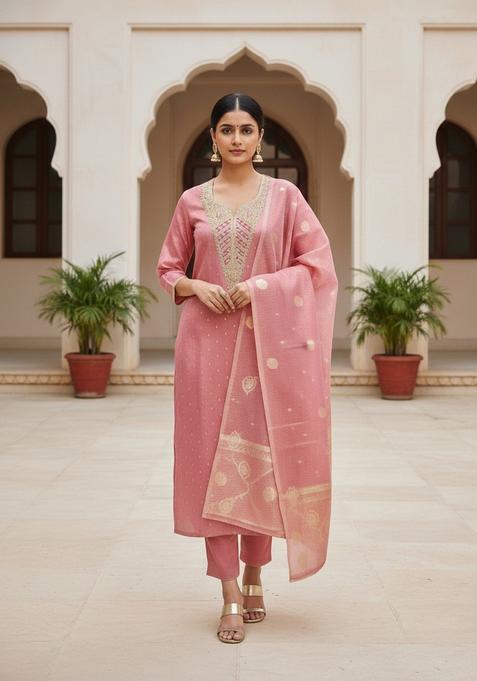 Pink Embroidery Poly Blended Salwar Kameez