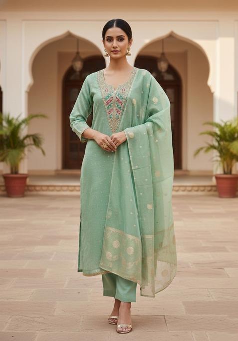 Sea Green Embroidery Poly Blended Salwar Kameez