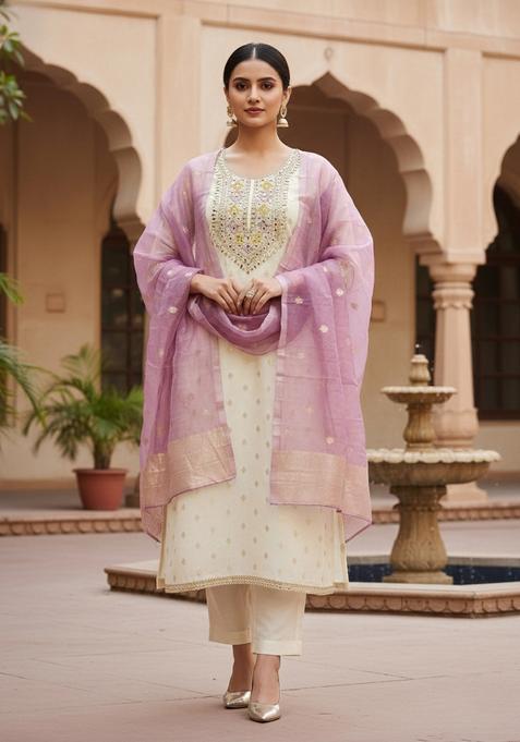 Off White Embroidery Poly Blended Salwar Kameez
