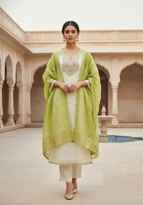 Off White Embroidery Poly Blended Salwar Kameez