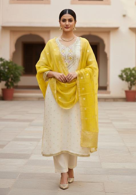 Off White Embroidery Poly Blended Salwar Kameez