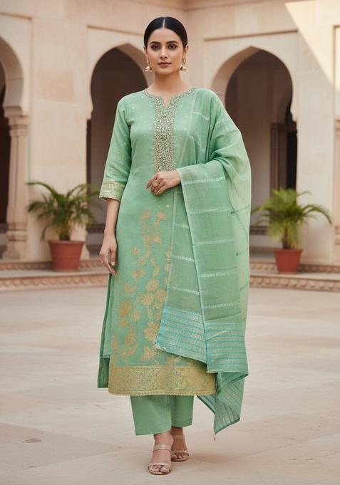 Sea Green Embroidery Silk Salwar Kameez