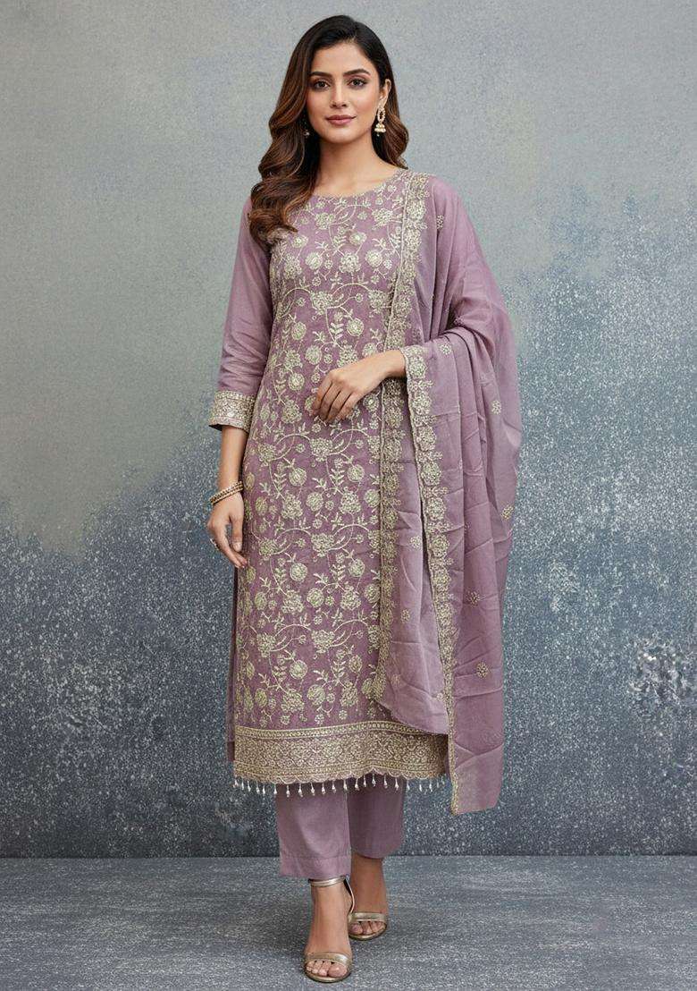 Lavender Embroidery Georgette Salwar Kameez - Indya