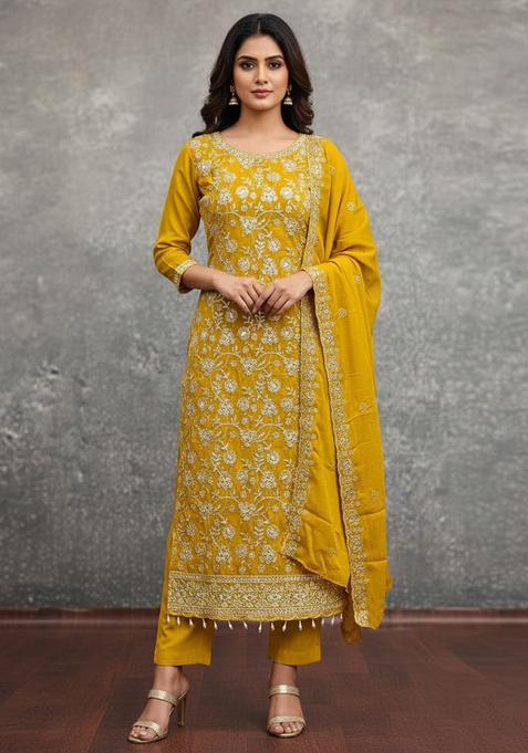 Mustard Embroidery Georgette Salwar Kameez