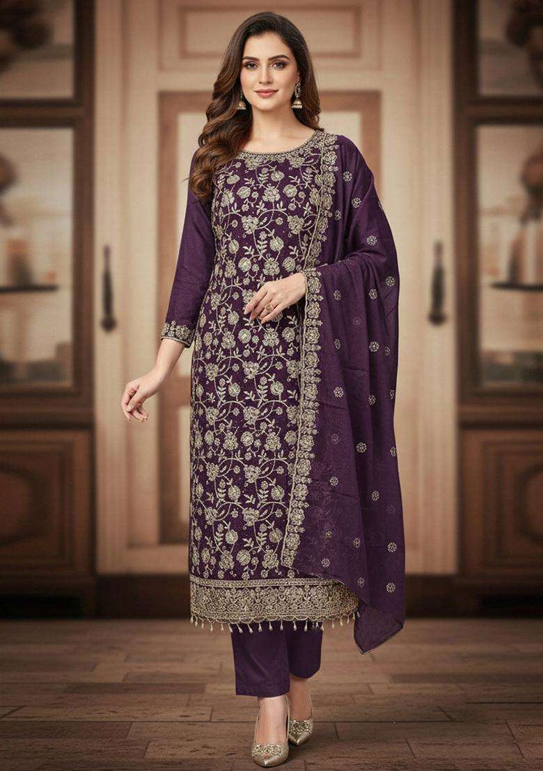 Purple Embroidery Georgette Salwar Kameez - Indya