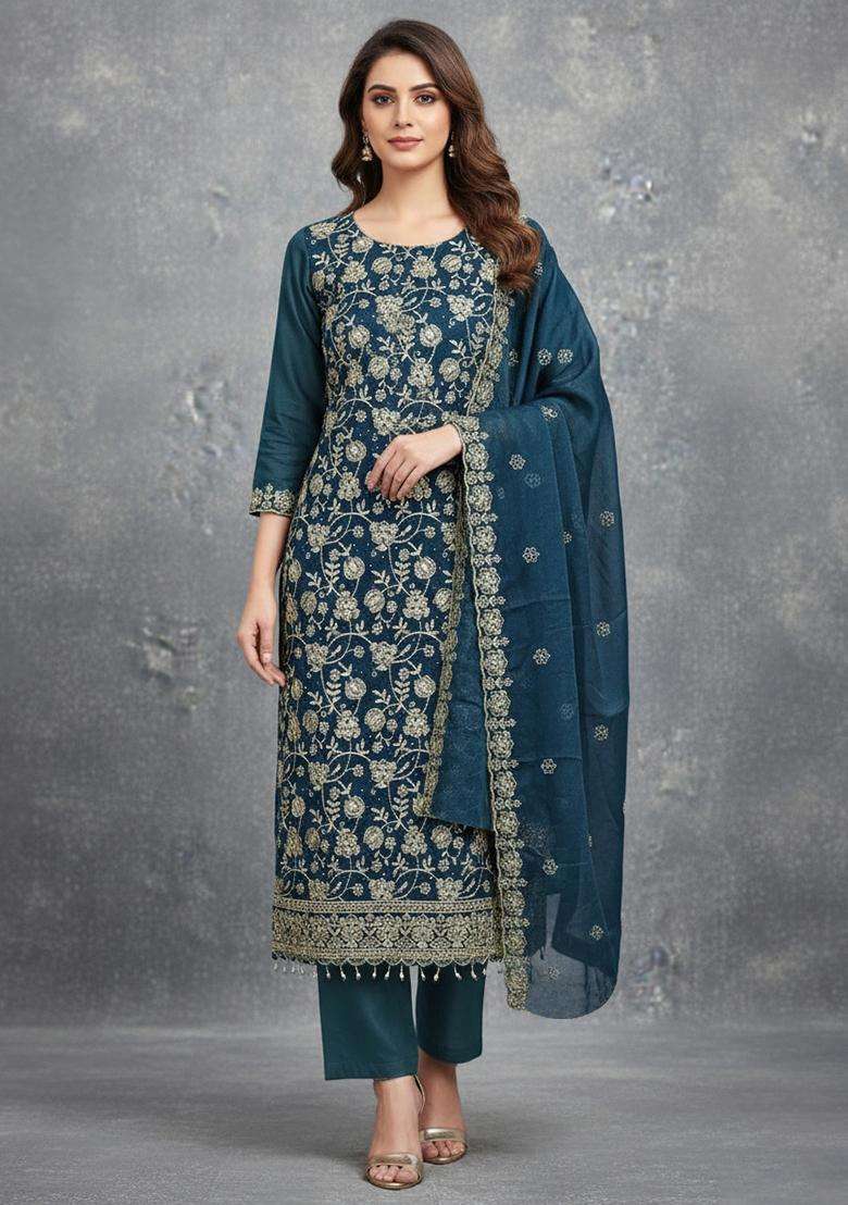Teal Blue Embroidery Georgette Salwar Kameez - Indya