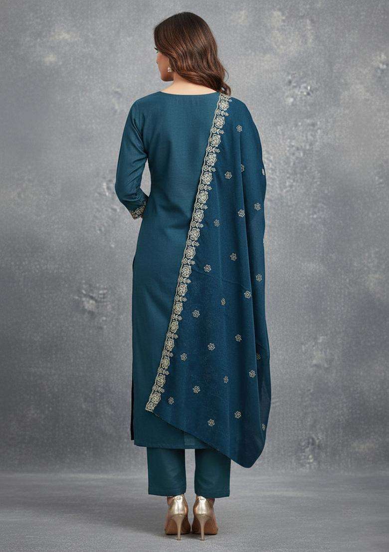 Teal Blue Embroidery Georgette Salwar Kameez - Indya