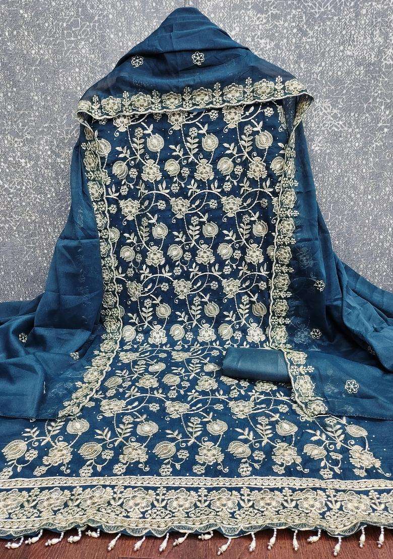Teal Blue Embroidery Georgette Salwar Kameez - Indya