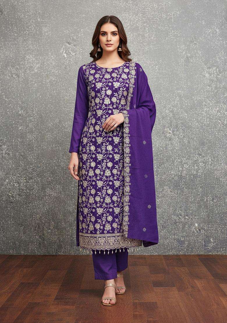 Purple Embroidery Georgette Salwar Kameez - Indya