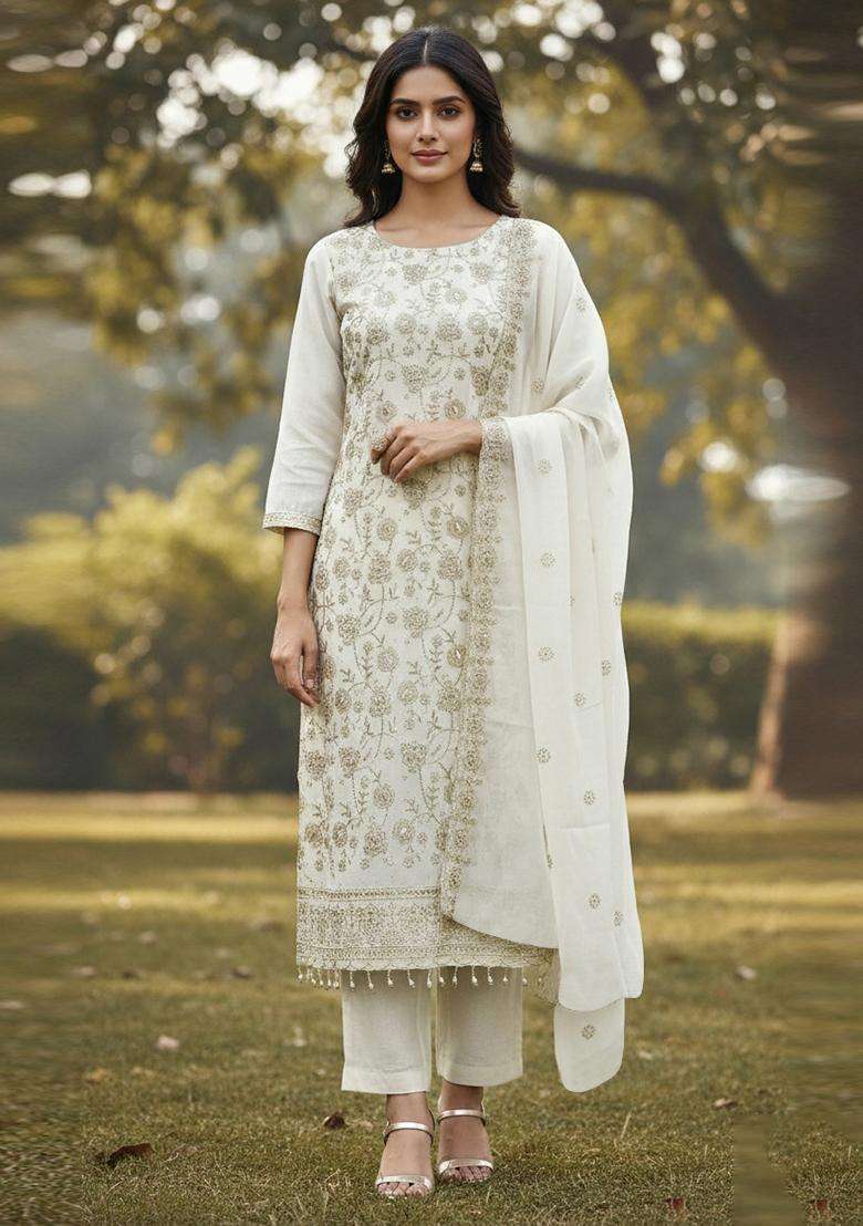 White Embroidery Georgette Salwar Kameez - Indya