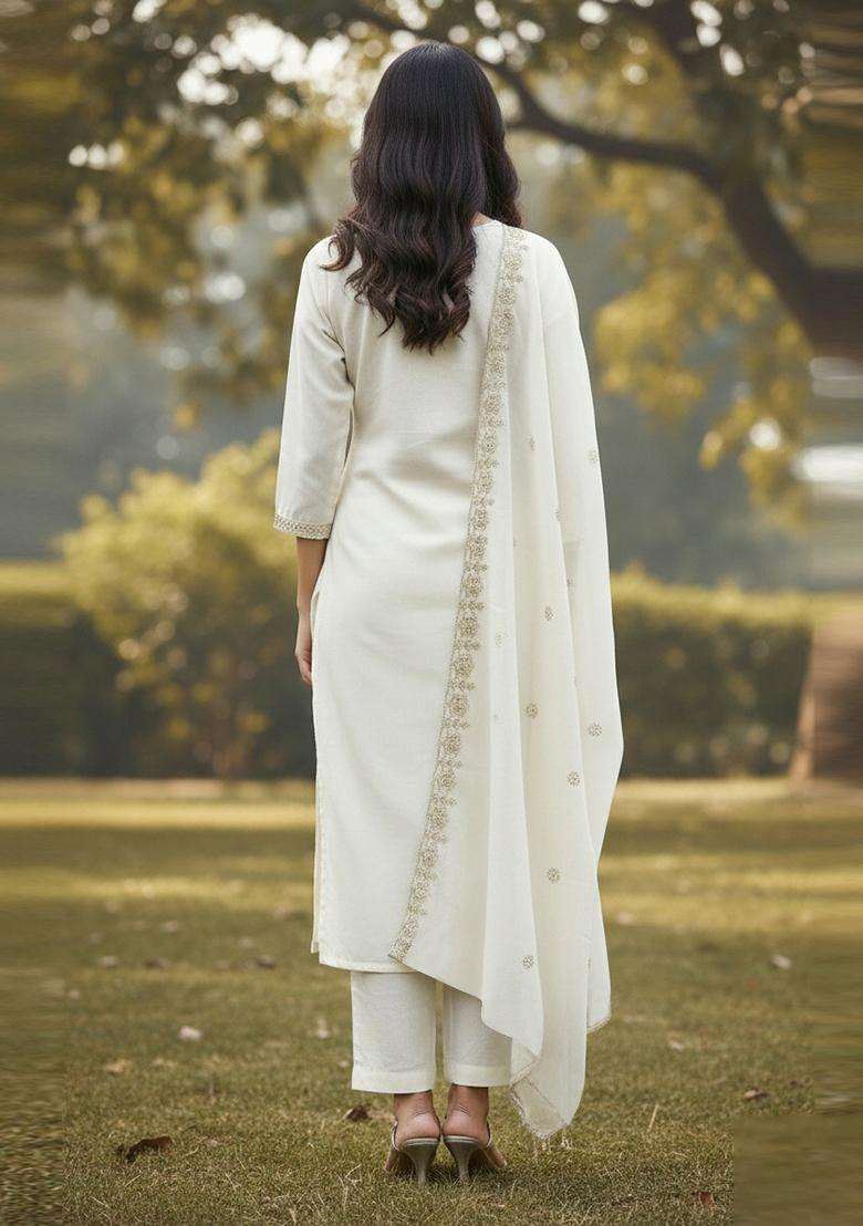 White Embroidery Georgette Salwar Kameez - Indya