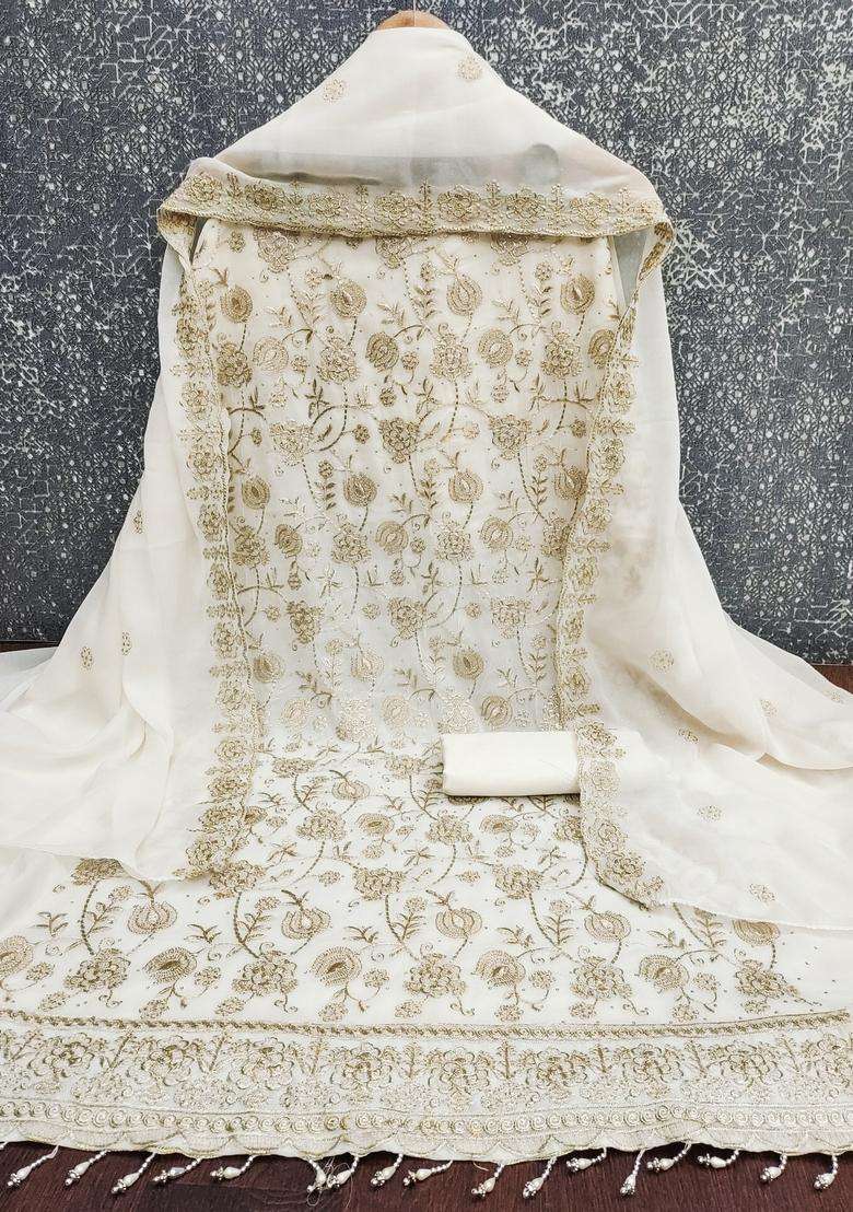White Embroidery Georgette Salwar Kameez - Indya