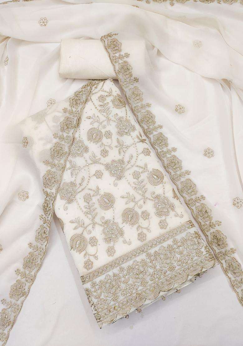 White Embroidery Georgette Salwar Kameez - Indya