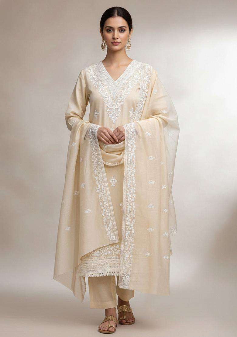 Beige Chikankari Cotton Straight Kurta Set - Indya
