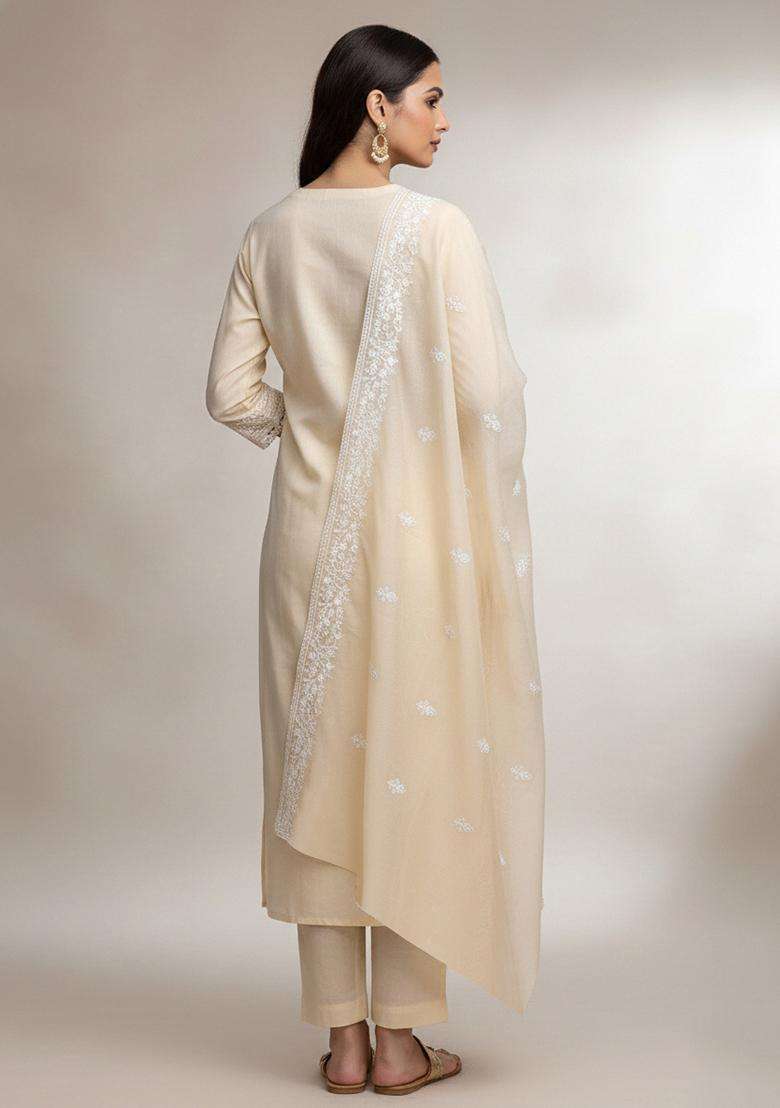 Beige Chikankari Cotton Straight Kurta Set - Indya