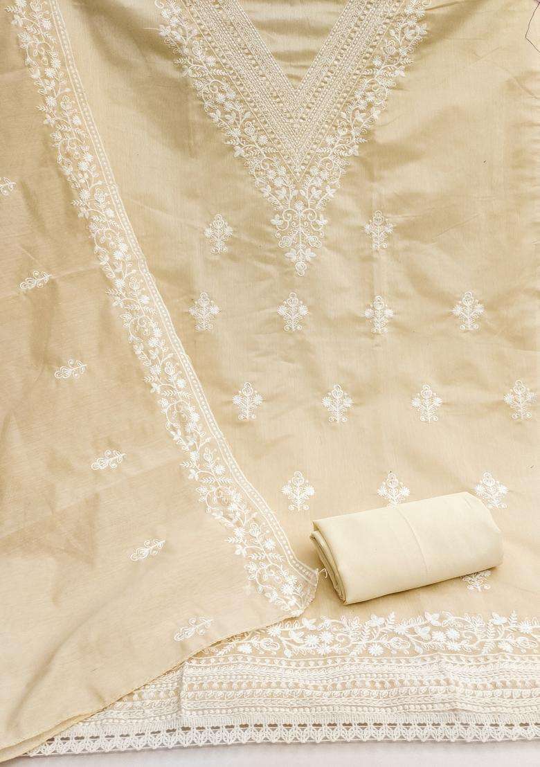 Beige Chikankari Cotton Straight Kurta Set - Indya