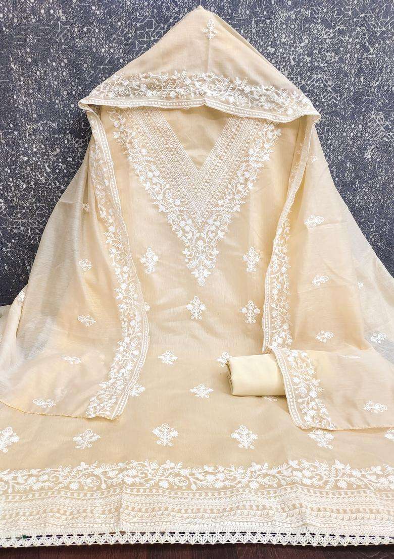 Beige Chikankari Cotton Straight Kurta Set - Indya