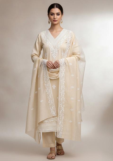 Beige Chikankari Cotton Straight Kurta Set