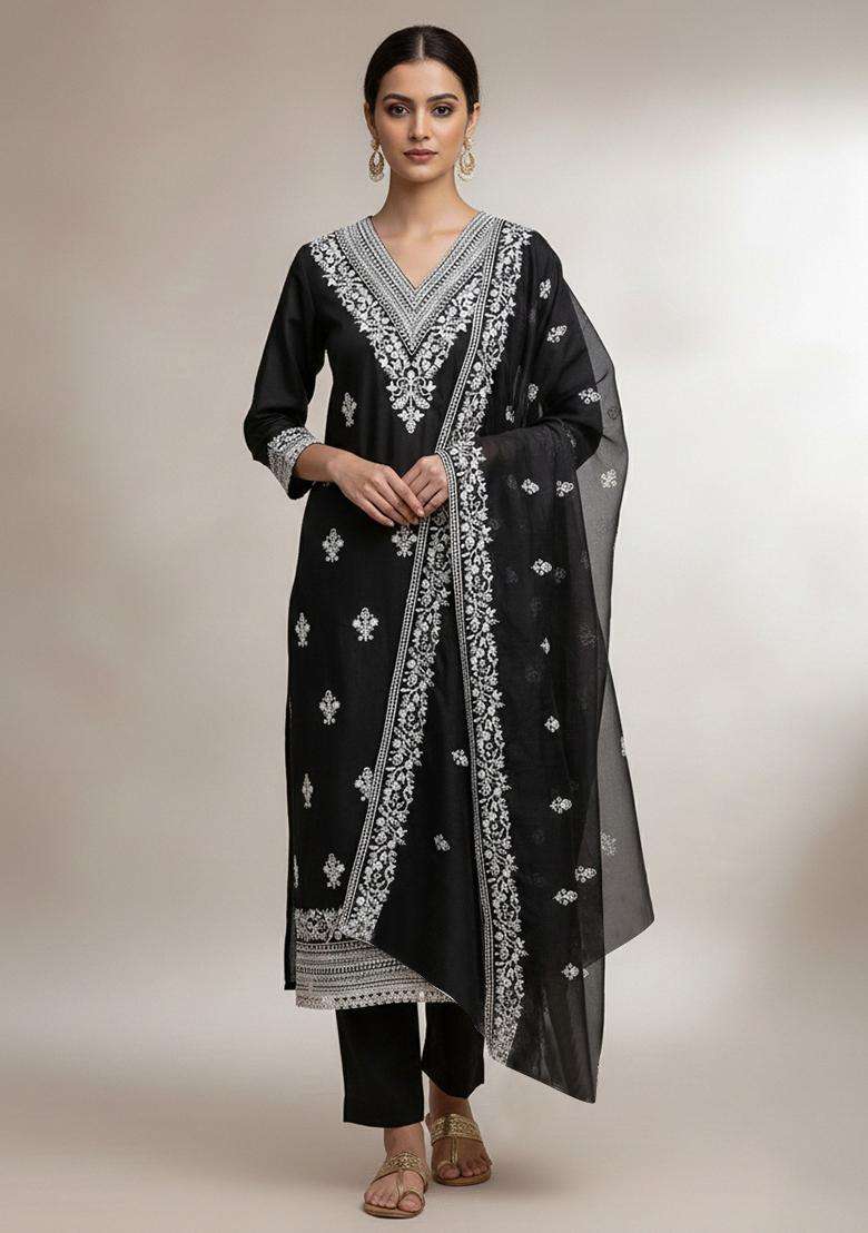 Black Embroidery Cotton Salwar Kameez - Indya