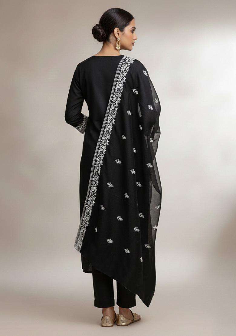 Black Embroidery Cotton Salwar Kameez - Indya
