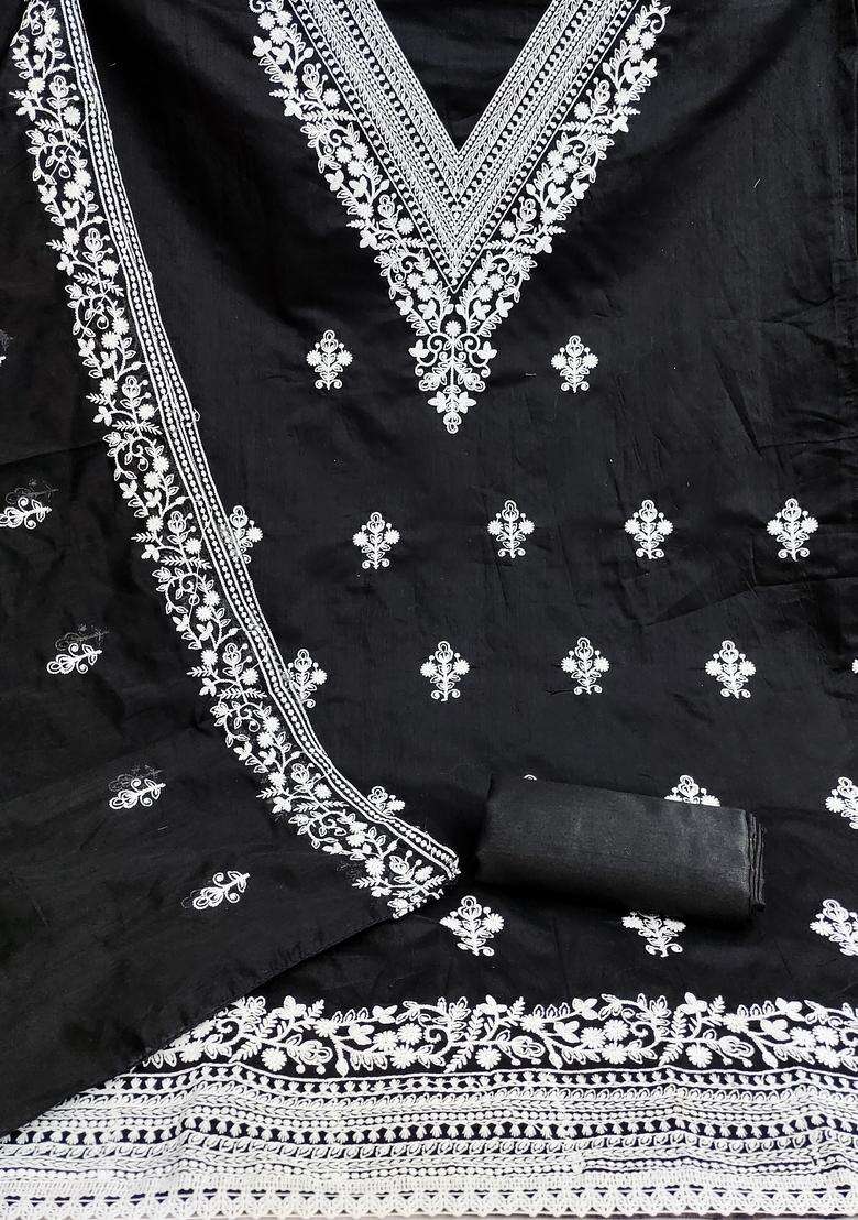 Black Embroidery Cotton Salwar Kameez - Indya
