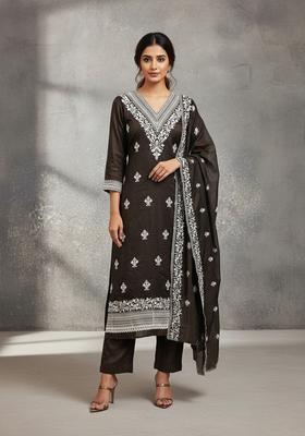 Brown Embroidery Cotton Salwar Kameez